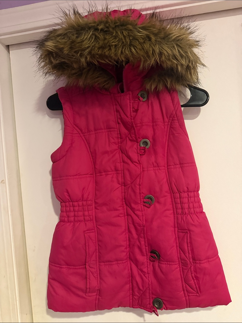 Girls' Hot Pink Puffer Vest with Faux Fur Hood
